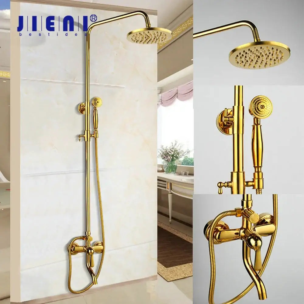 Golden polished shower head with handheld spray bathroom system in gold finished brass featuring tall overhead rainhead and control valve