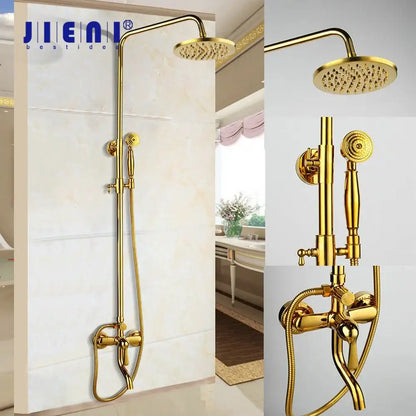 Golden polished shower head with handheld spray bathroom system in gold finished brass featuring tall overhead rainhead and control valve