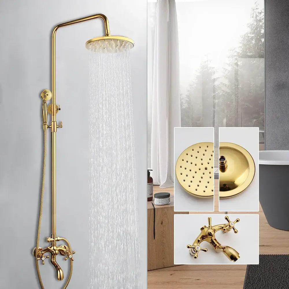 Golden polished shower system by decorbites with tall rainhead handheld sprayer and cross-handle faucet shower head
