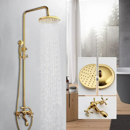 Golden polished shower system by decorbites with tall rainhead handheld sprayer and cross-handle faucet shower head
