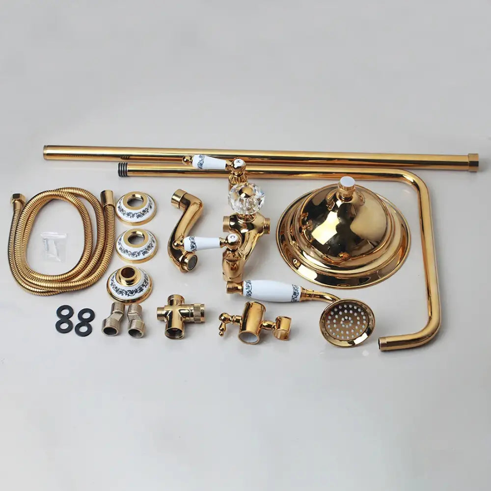 Golden polished shower head bathroom system with gold-finished faucet set crystal accents and ceramic handles decorbites golden polished