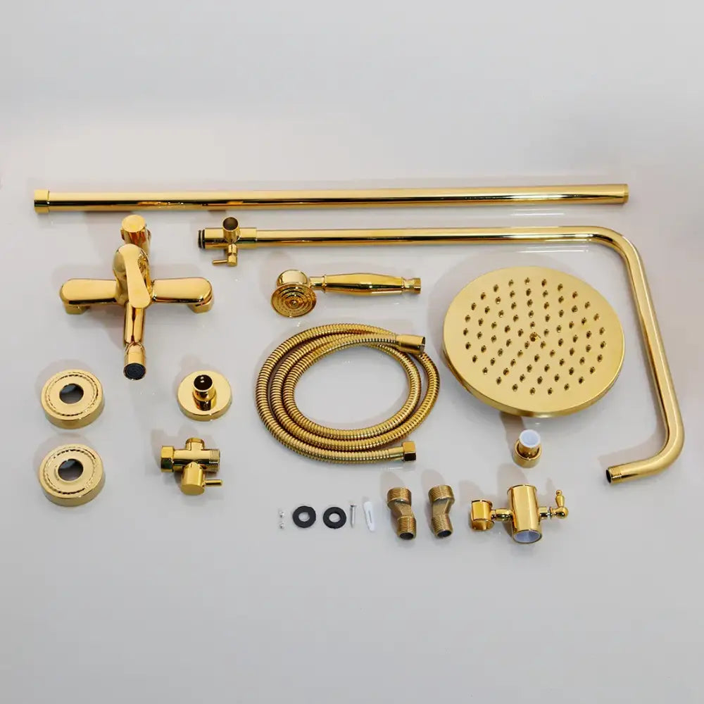 Golden polished shower head bathroom system with gold-finished brass rainhead handheld spray and matching decorbites fixtures