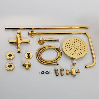 Golden polished shower head bathroom system with gold-finished brass rainhead handheld spray and matching decorbites fixtures