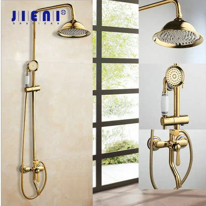 Golden polished shower system by decorbites featuring a gold-finished shower head with rainhead and handheld sprayer