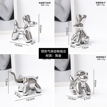 Silver-plated ceramic balloon animal desk ornament featuring golden monkey dog rabbit and elephant for living room decor