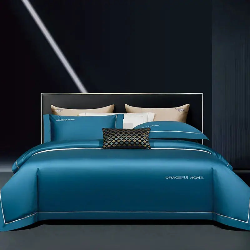 Teal satin egyptian cotton bedding set with white piping and graceful home embroidery decorbites 1000tc egyptian