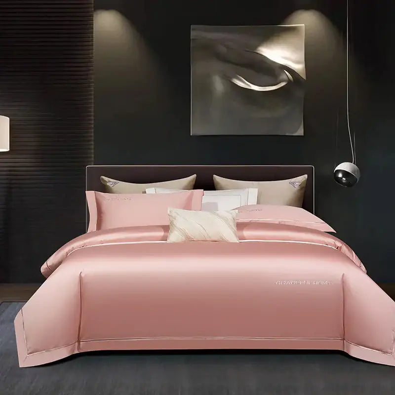 Pink satin egyptian cotton bedding set with subtle gold embroidery and matching pillowcases by decorbites 1000tc egyptian
