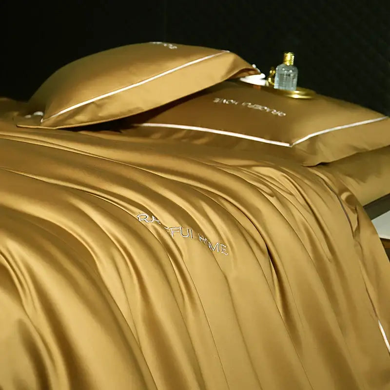 Golden satin egyptian cotton bedding set with embroidered rf-ul home and white piping decorbites 1000tc egyptian
