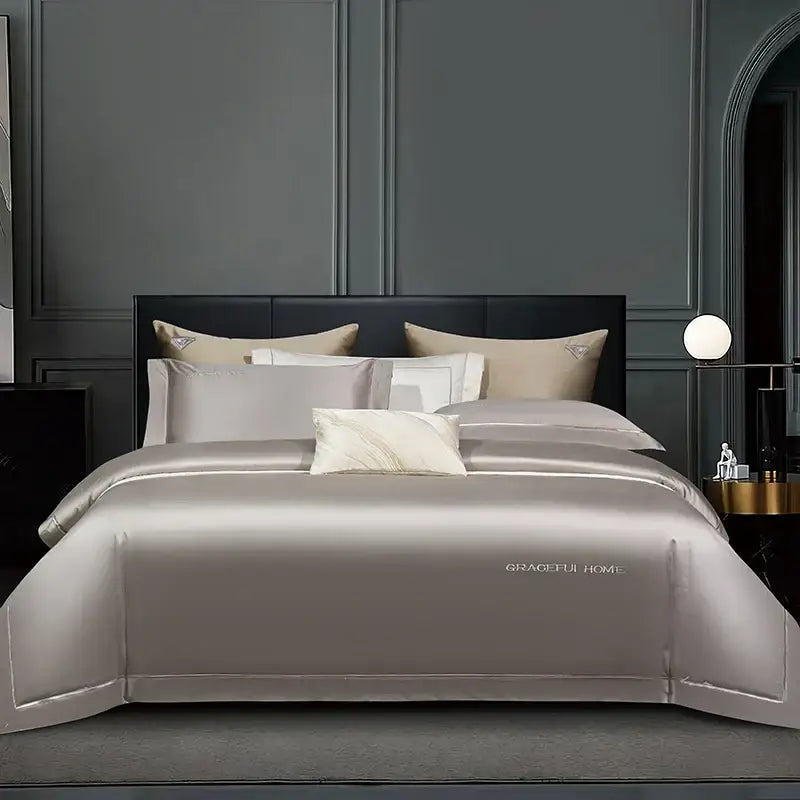 Silk satin duvet cover in soft metallic gray with white piping and graceful home embroidery in golden satin egyptian cotton bedding set decorbites 1000tc egyptian