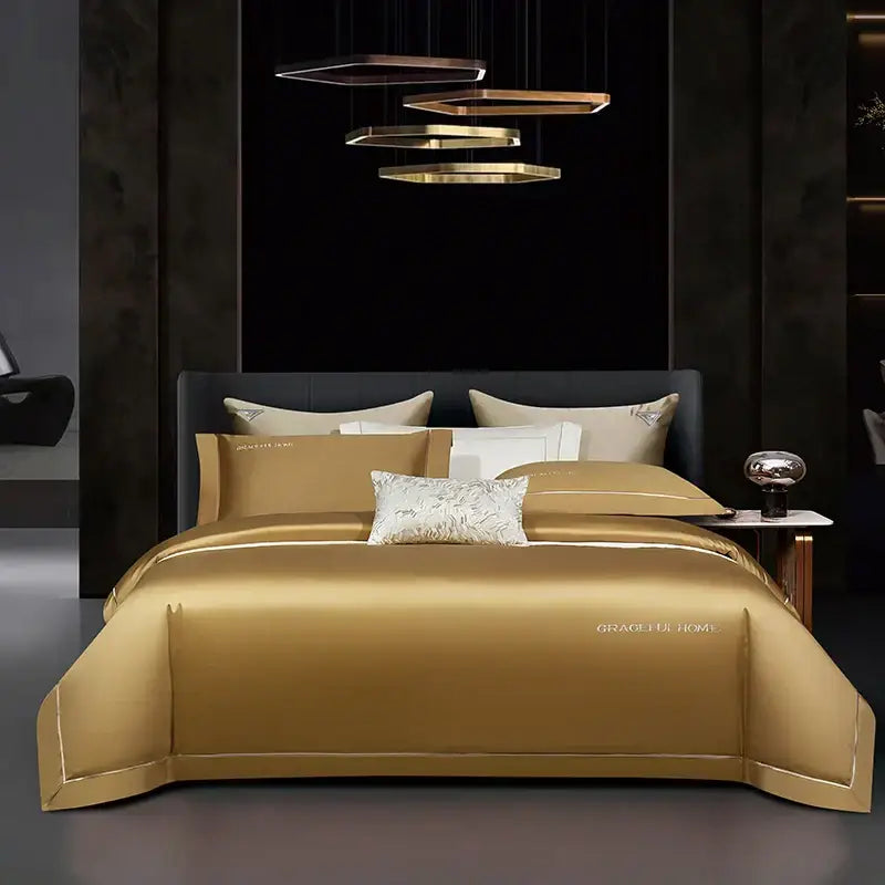 Golden satin egyptian cotton bedding set with subtle embroidery and matching pillowcases from decorbites 1000tc egyptian
