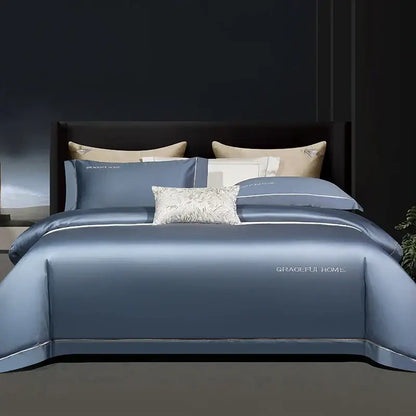 Blue satin duvet cover set with white piping and embroidered graceful home branding for egyptian cotton bedding set decorbites 1000tc egyptian
