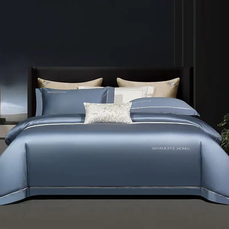 Blue satin duvet cover set with white piping and embroidered graceful home branding for egyptian cotton bedding set decorbites 1000tc egyptian