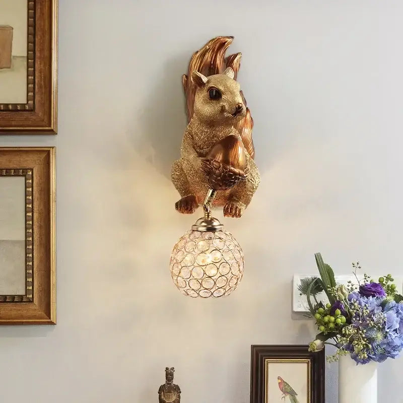 Golden squirrel wall lamp with crystal globe lampshade decorative decorbites cute squirrel for bedroom lighting