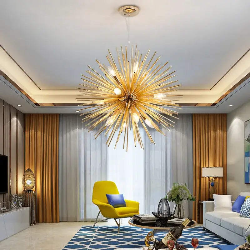 Golden starburst ball pendant lamp with slender metallic arms and exposed bulbs for living room decorbites golden ball
