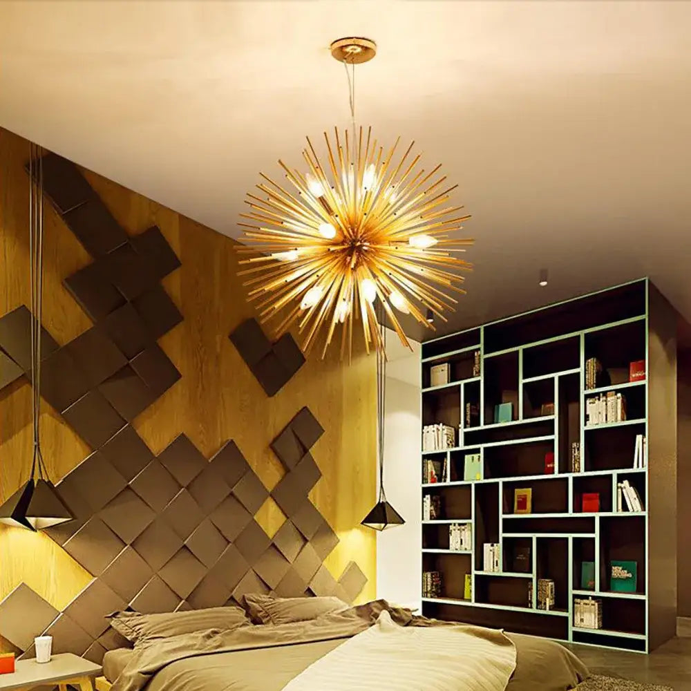 Golden starburst ball pendant lamp with multiple exposed bulbs and slender metallic arms for living room decorbites golden ball