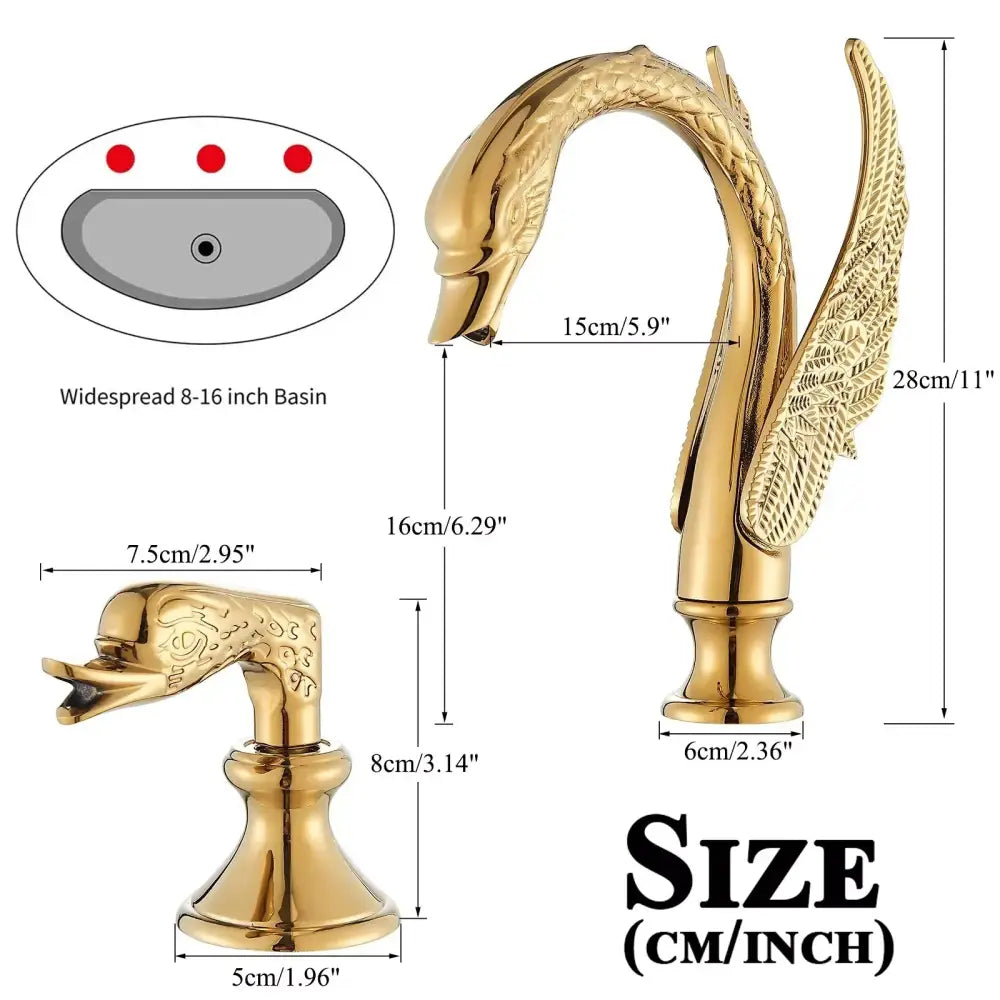 Golden swan dual handle deck mounted bathroom basin tap in gold with ornate wings and polished metallic finish for cold water use