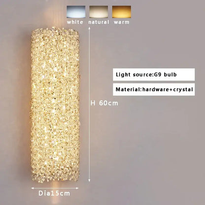 Golden textured glass wall lamp with crystal beads and warm glow for living room decorbites crystal beads design