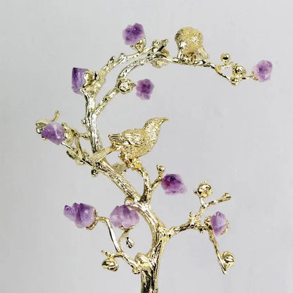 Golden tree brass amethyst crystal flower sculpture with purple crystals and detailed birds for living room decor