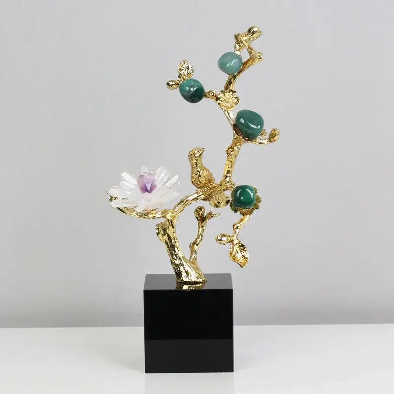 Golden tree brass amethyst crystal flower sculpture with emerald green stones and white flower on black base for living room decor