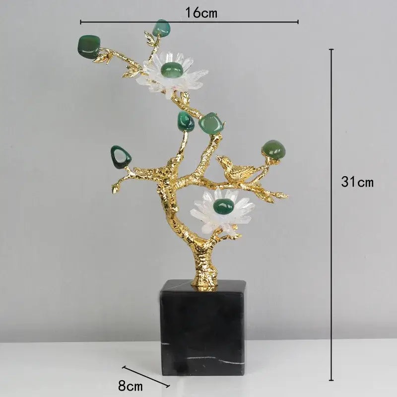 Golden tree brass amethyst crystal flower sculpture with white blossoms and green jade fruits on black marble base