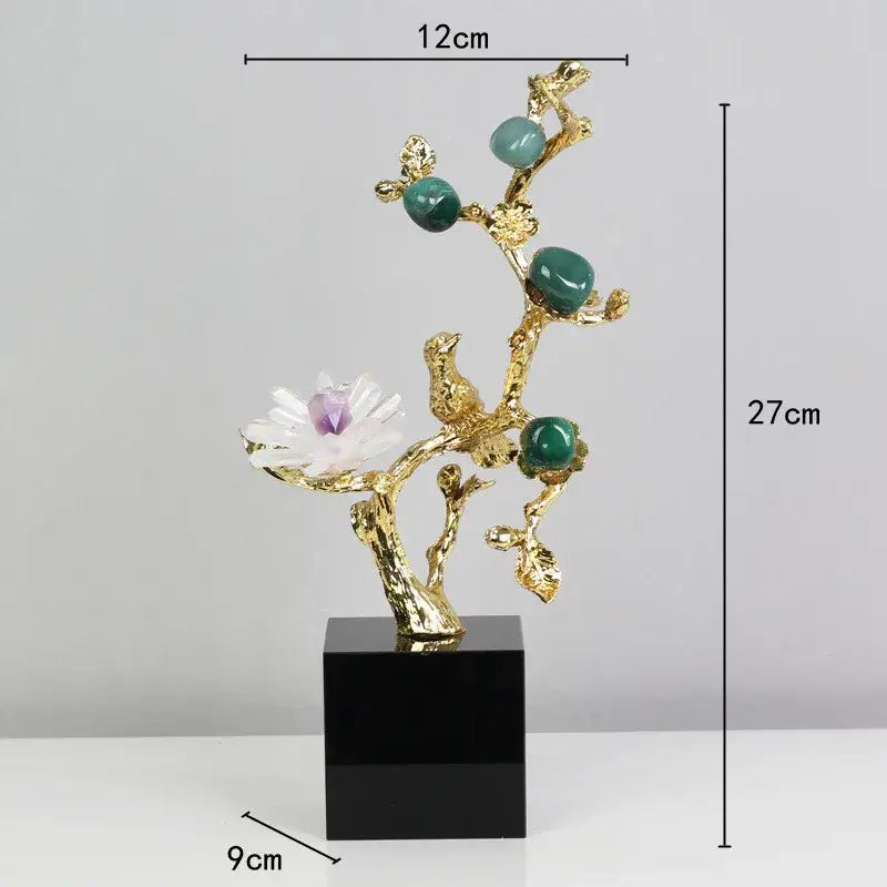 Golden tree brass amethyst crystal flower sculpture with jade green spheres and white purple flower on black base for decor