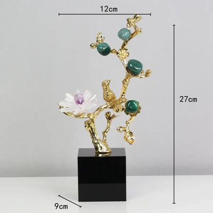 Golden tree brass amethyst crystal flower sculpture with jade green spheres and white purple flower on black base for decor
