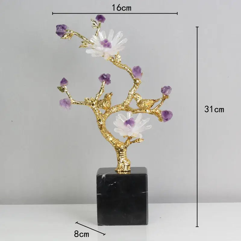 Golden tree brass amethyst crystal flower sculpture with golden branches white and purple blossoms on black marble base