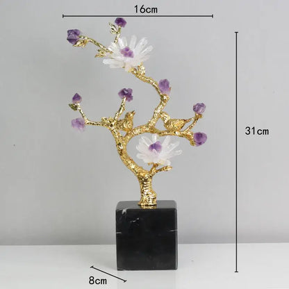 Golden tree brass amethyst crystal flower sculpture with golden branches white and purple blossoms on black marble base