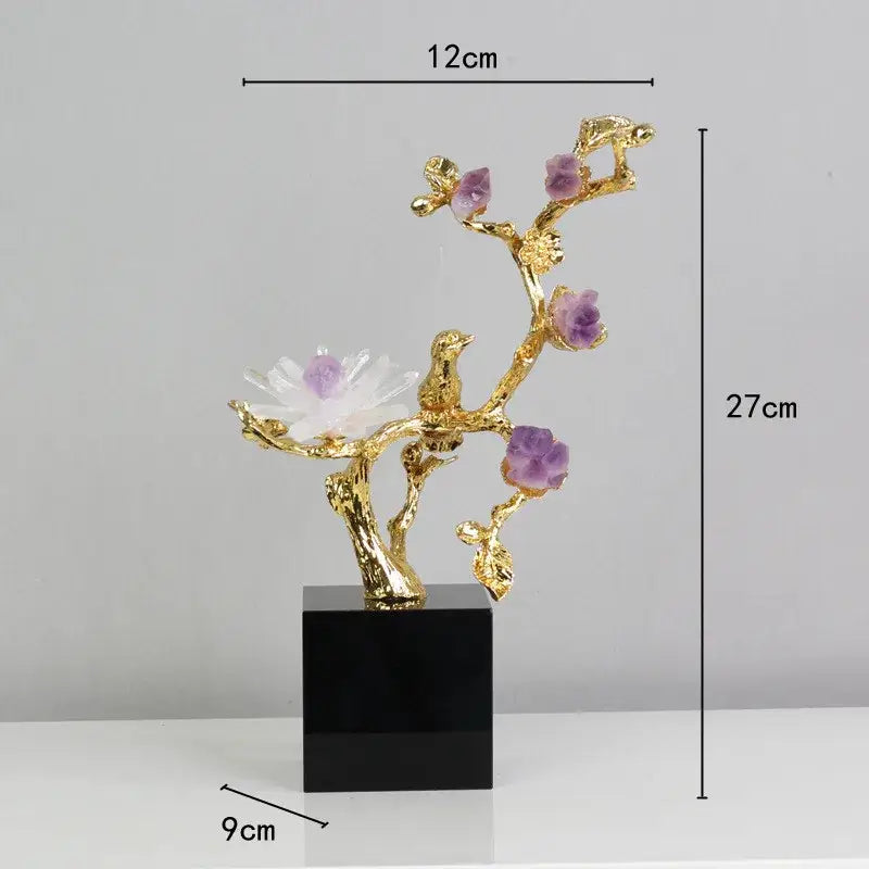 Golden tree brass amethyst crystal flower sculpture with purple amethyst blossoms and white crystal lotus on black base