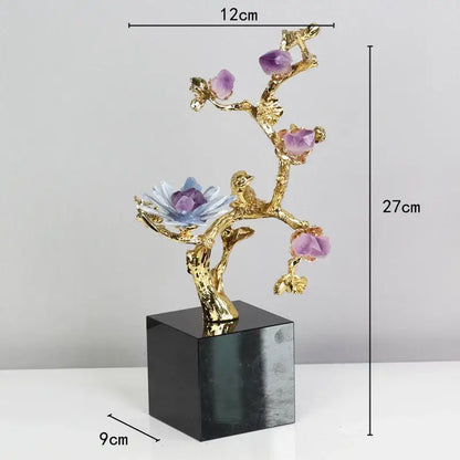 Golden tree brass amethyst crystal flower sculpture with purple gemstones and blue lotus on black glossy base for decor