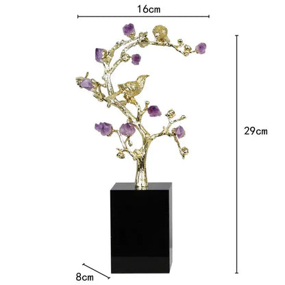 Golden tree brass amethyst crystal flower sculpture with purple gemstones and two birds on black base for living room decor