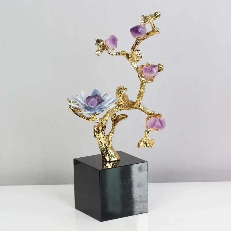 Golden tree brass amethyst crystal flower sculpture with purple gemstone blossoms and blue flower on black base for decor