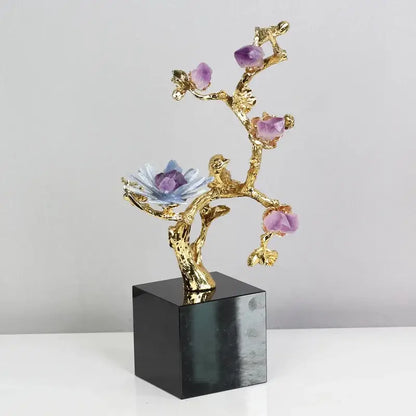 Golden tree brass amethyst crystal flower sculpture with purple gemstone blossoms and blue flower on black base for decor