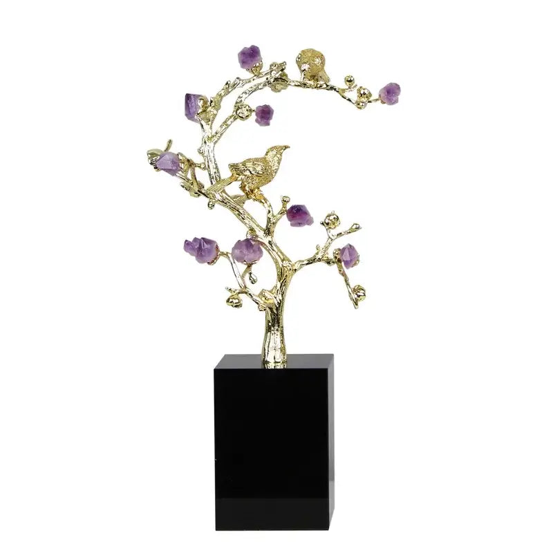 Golden tree brass amethyst crystal flower sculpture featuring a golden bird on branch with purple stones on black base