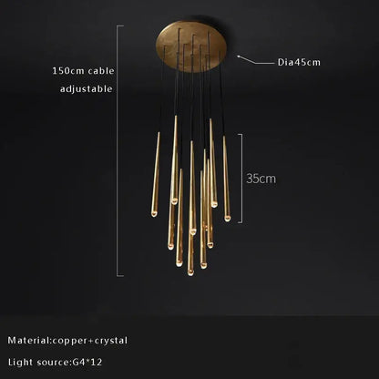 Golden water drop ceiling chandelier with twelve brass crystal water drop arms on a circular copper base for living room decorbites crystal water