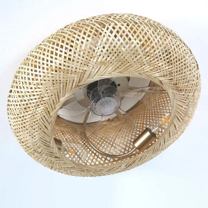 Golden woven bamboo ceiling fan with integrated light and retractable blades for bedroom decorbites bamboo ceiling fan