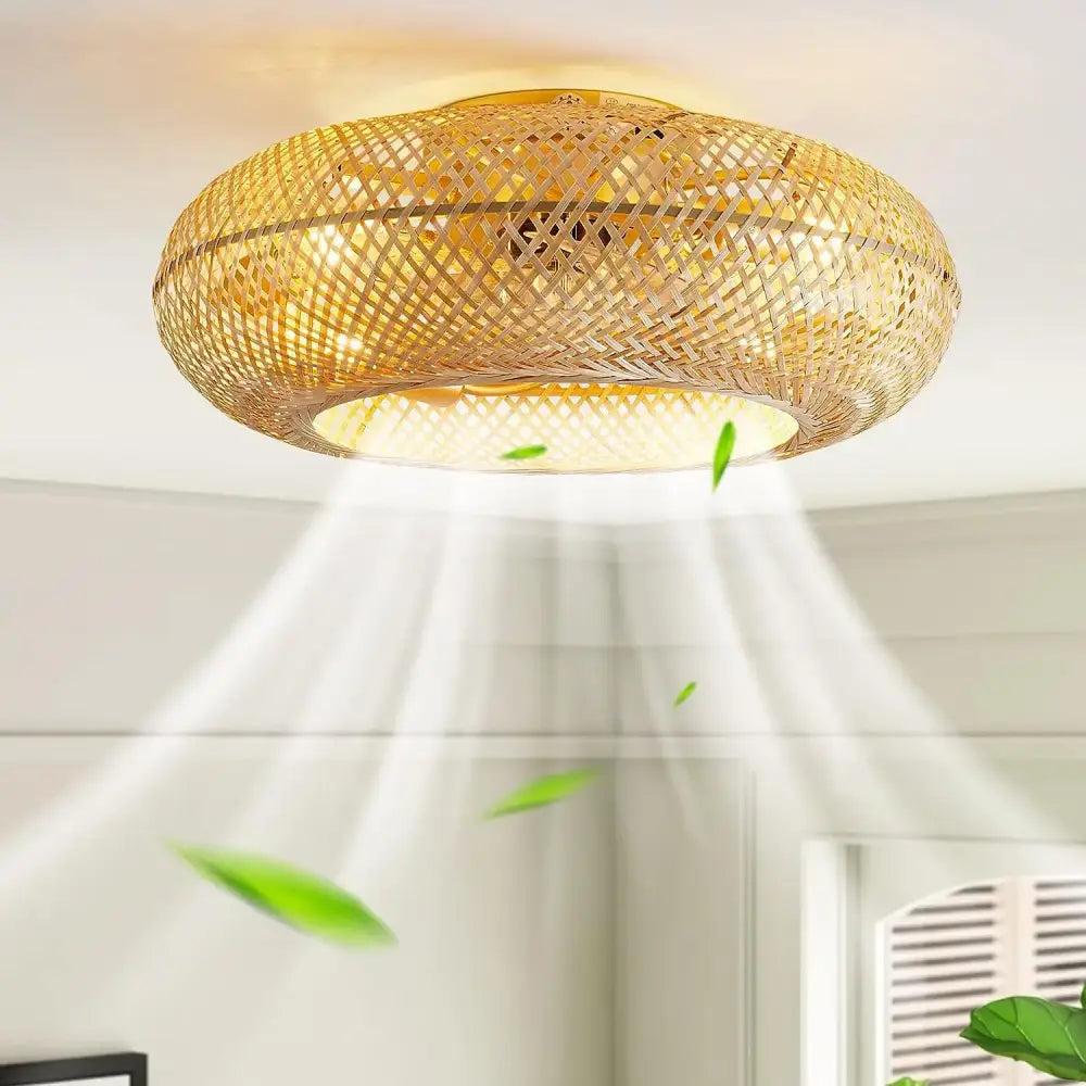 Golden woven bamboo ceiling fan with light featuring circular lattice design and retractable blades for bedroom decorbites bamboo ceiling fan
