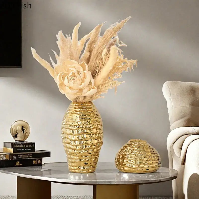 Golden wrinkle ceramic vase with textured honeycomb pattern and dried beige pampas grass for living room decorbites golden wrinkle decor