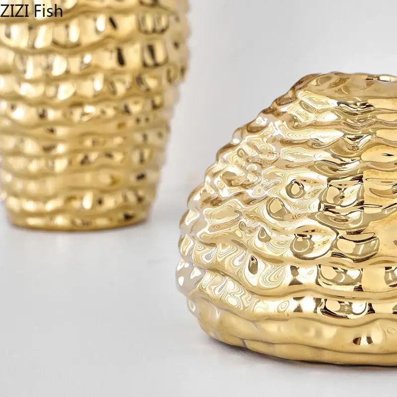 Golden wrinkle ceramic vases with textured wave patterns and glossy finish for elegant living room decorbites golden wrinkle decor