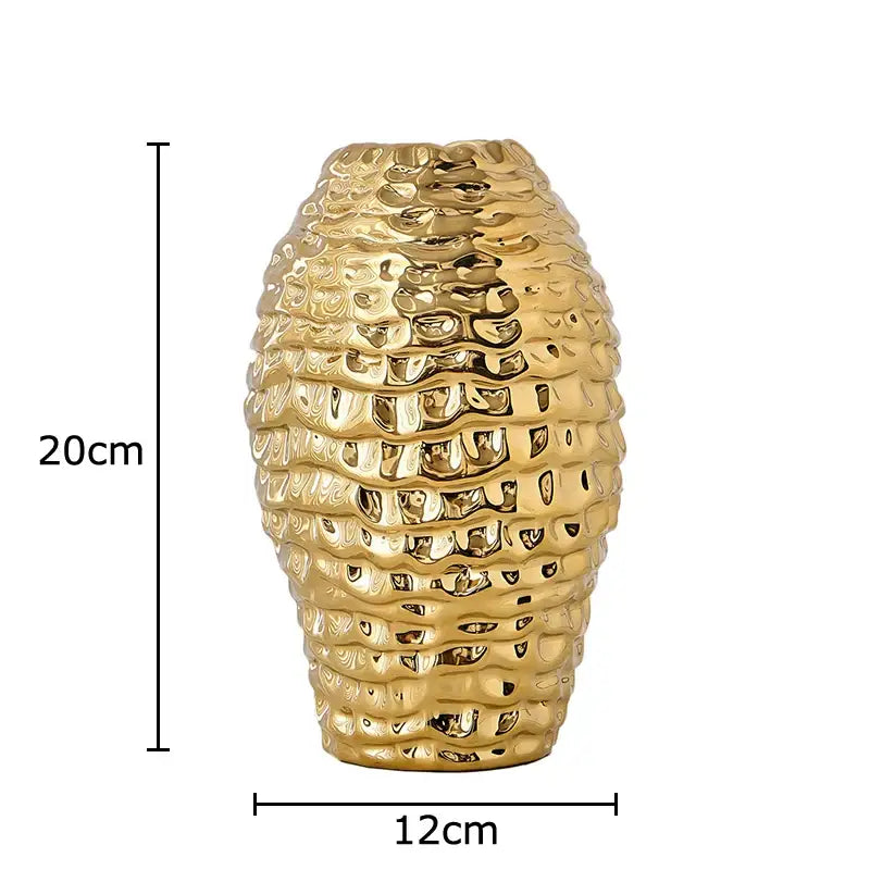 Golden wrinkle ceramic vase with textured wavy surface 20cm tall by 12cm wide for living room decorbites decor