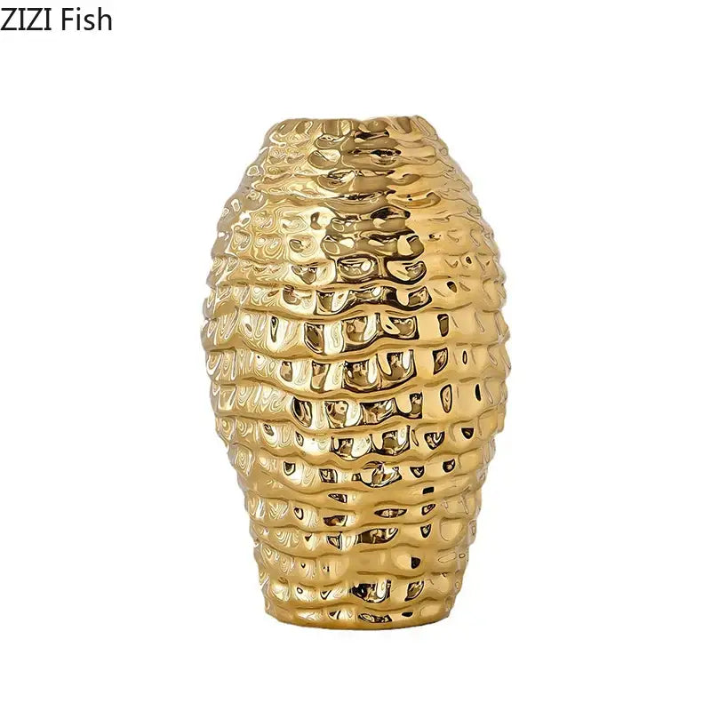 Golden wrinkle ceramic vase with textured wavy scale pattern ideal for living room decor by decorbites