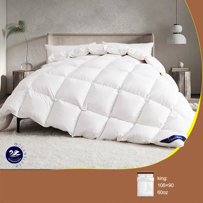 White plush quilted goose down comforter with diamond stitch and high fill power for king and queen all season use
