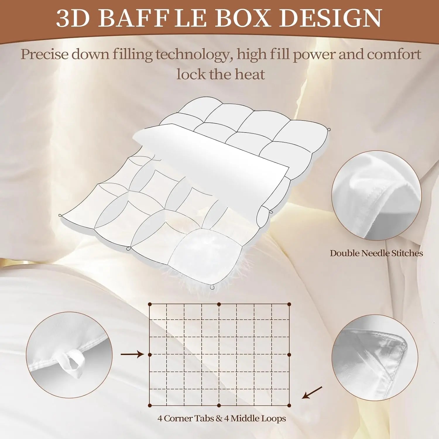 White down-filled pillow with 3d baffled box design and double needle stitching for all season comfort