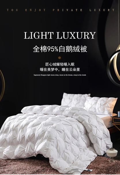 White quilted goose down soft duvet with plush textured surface made of 95 percent cotton for luxury bedding