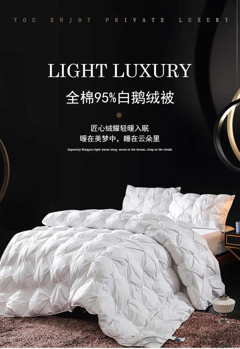 White quilted goose down soft duvet with plush textured surface made of 95 percent cotton for luxury bedding