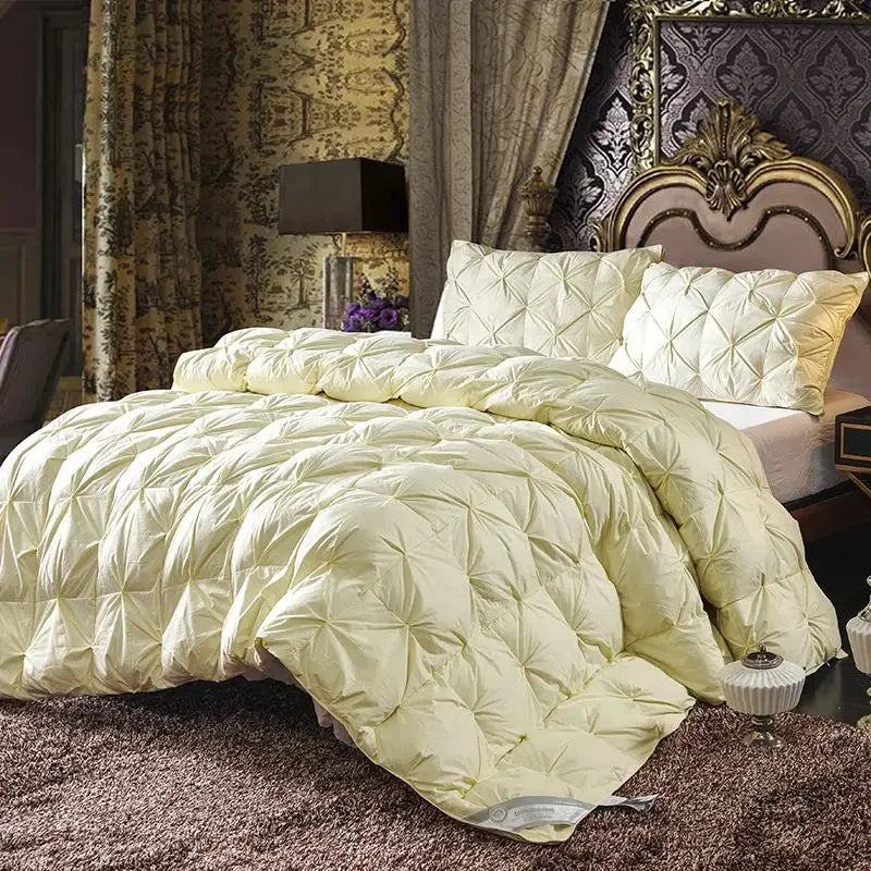 Cream-colored quilted goose down soft duvet with diamond stitch pattern and plush texture for king queen twin beds
