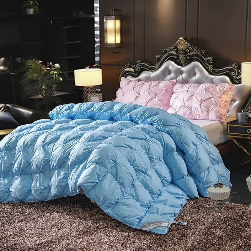Light blue goose down soft duvet with plush puffy texture and diamond-shaped stitching for king queen twin beds