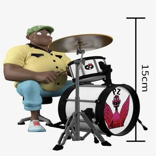 A 15cm gorillaz band resin miniature drum set with white bass drum featuring red black monster design and silver hardware