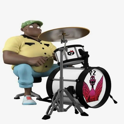 Cartoon-style gorillaz band resin drummer figurine in yellow shirt with miniature drum set for decorbites gorillaz band decor
