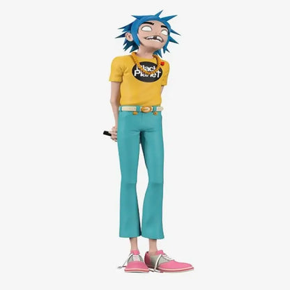 Blue-haired gorillaz band resin action figure wearing yellow black planet t-shirt and teal pants for decorbites gorillaz band decor